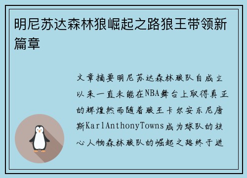 明尼苏达森林狼崛起之路狼王带领新篇章